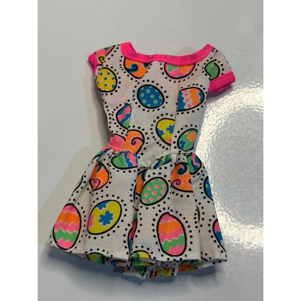 VTG Barbie Doll Dress White Easter Egg Print Pink Trim Fit‎ and Flare Mini Gown